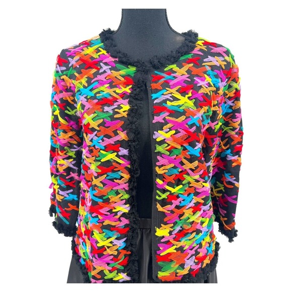 Michael Simon Women's Sweater Multi-Color Fishnet Woven Ribbons Cardigan Large - Picture 7 of 9